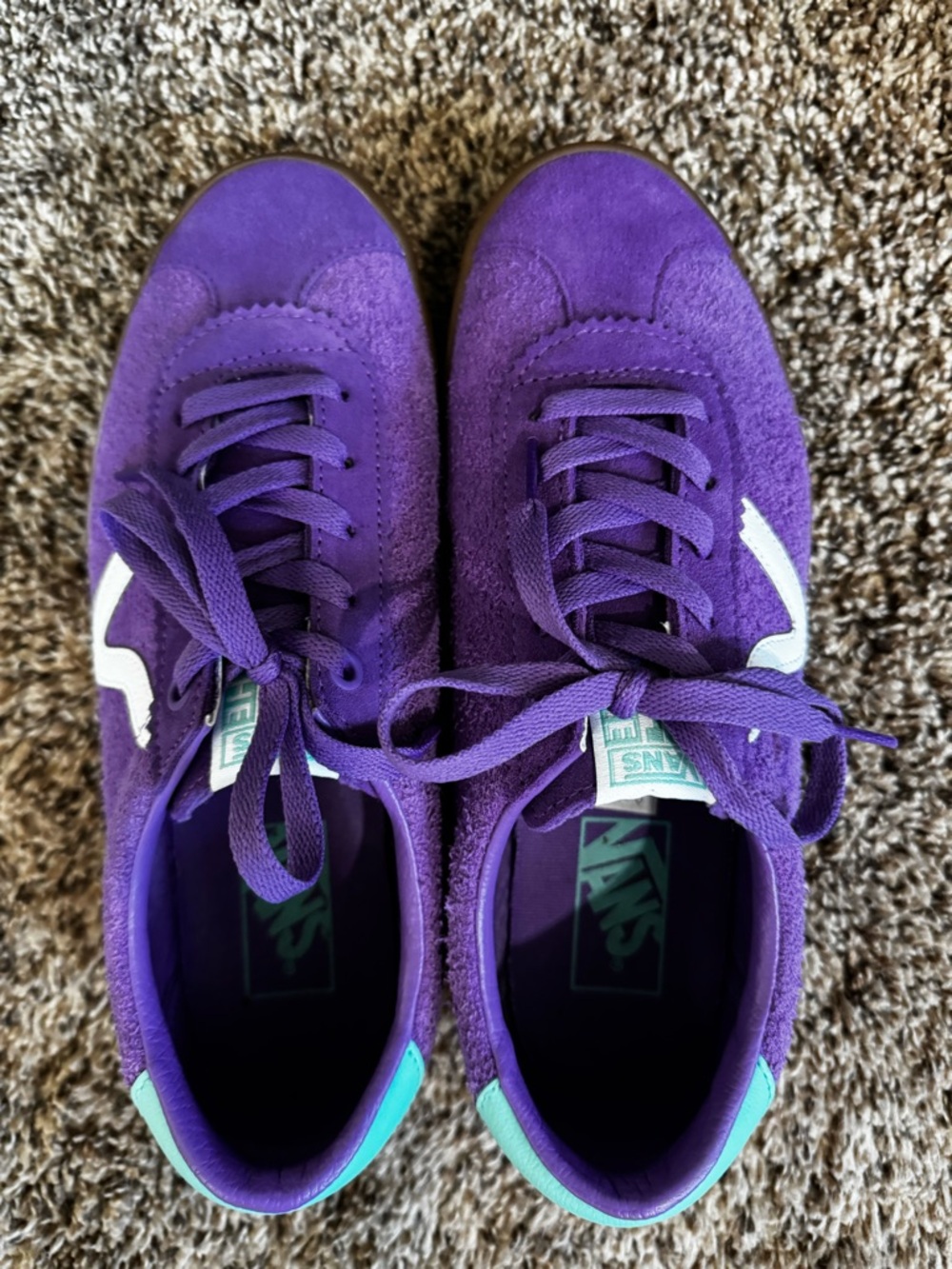 Vans Purple Suede Sneakers with White Side V and Teal Heel Tab - Picture 3 of 5